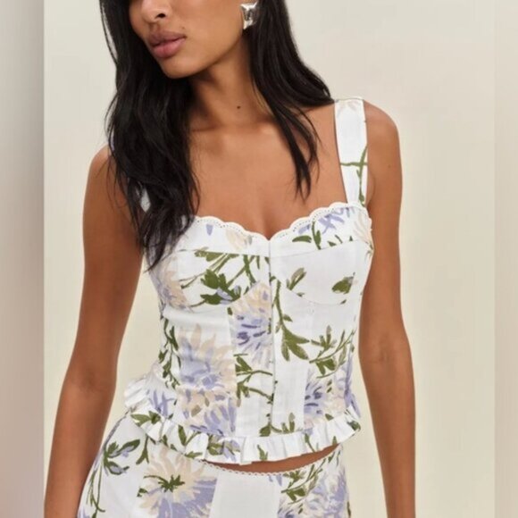 NEW Reformation Anatolia Linen Corset Two Piece Serenity White Floral US 4 UK 8 - Picture 3 of 15